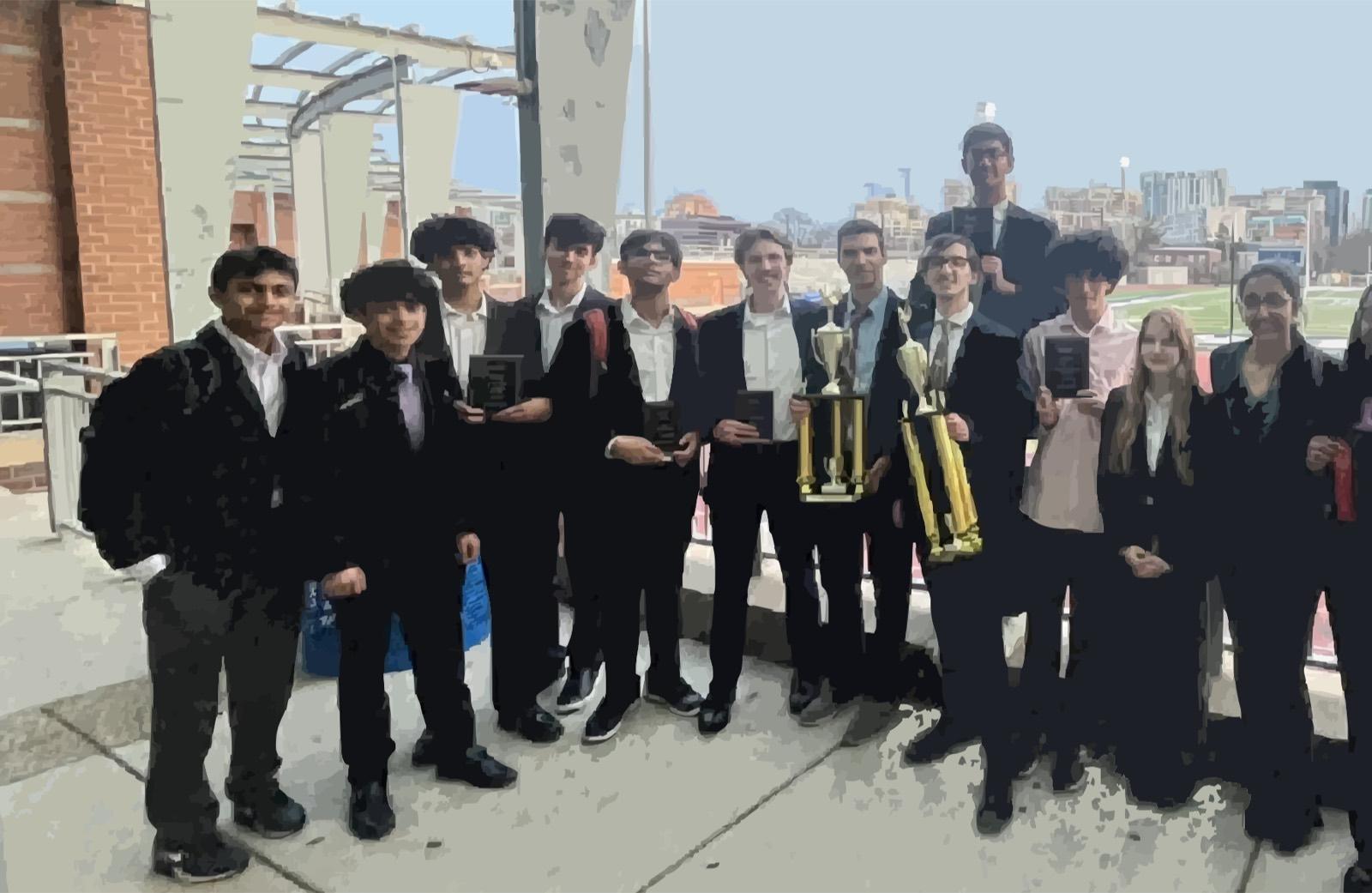 Members of the TJ Policy Debate team with trophies and plaques after a tournament.